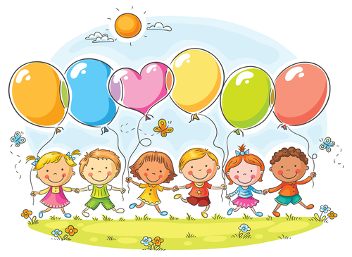 Happy kids outdoors with balloons with copy space, no gradients